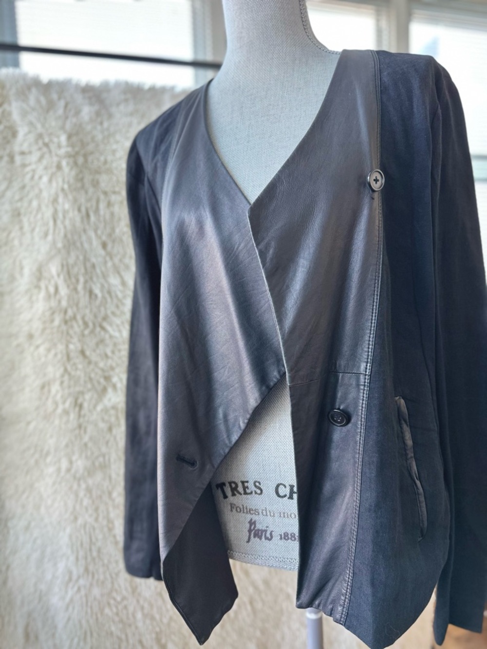 DKNY Pure Black Lamb’s Leather & Linen Moto Jacket